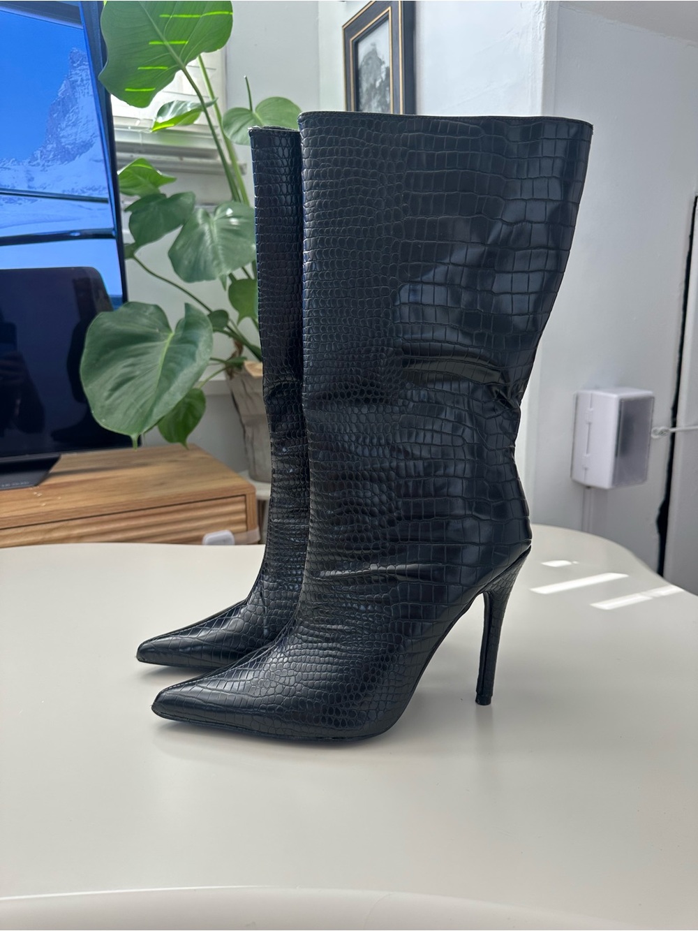 Black Croc-Embossed Pointed Toe Knee Boots